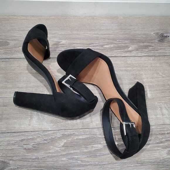 Torrid Womens Sz 10.5W Black Block Heels Open Toe Ankle Straps Suede 4 Inch Heel - Picture 6 of 13